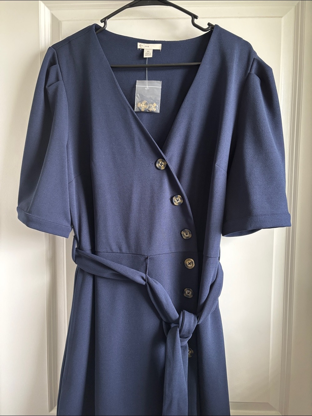 Classic Navy Button-Front Midi Dress with Self-Tie Waist - Picture 2 of 4